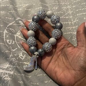 Elegant Silver and Gray Beaded Bracelet with Shoe Charm